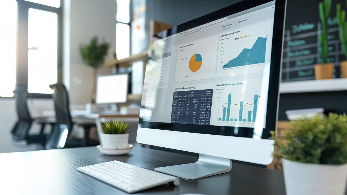 Monitor exibindo painel de métricas e gráficos de desempenho