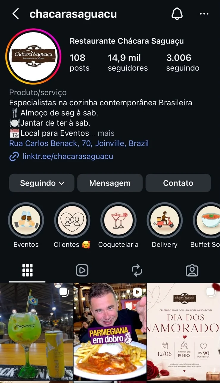 Perfil da Chácara Saguaçu no Instagram: 108 publicações, 14,9 mil seguidores, bio com horários e destaques de eventos, coquetelaria, delivery e buffet de sopas