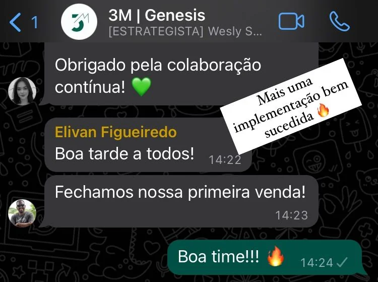 Conversa no grupo da 3M com a Gennesis: Elivan Figueiredo avisa que fecharam a primeira venda