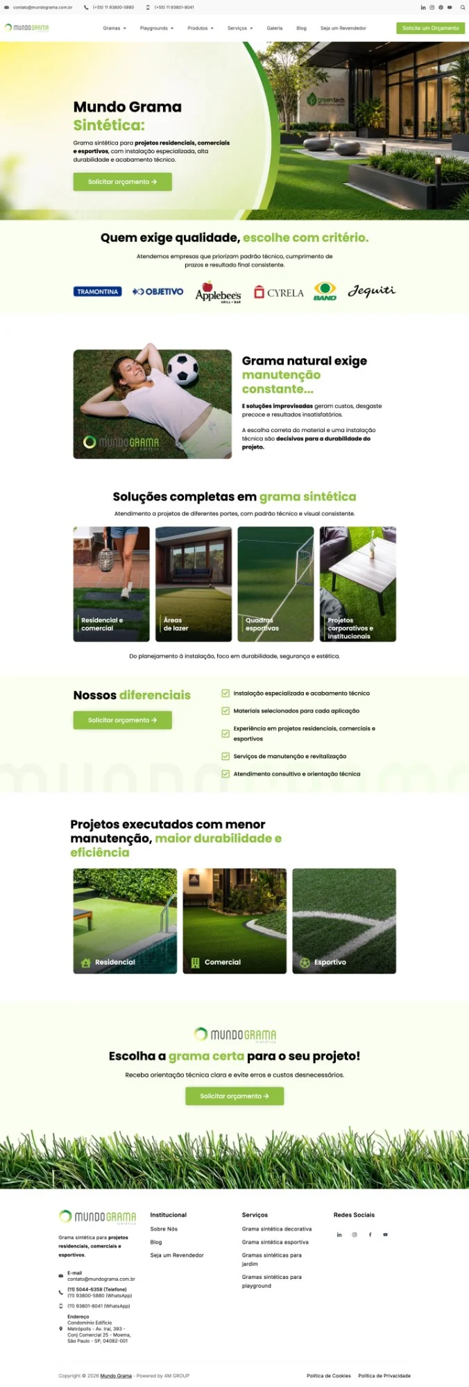 Página inicial do site da Mundo Grama: grama sintética para projetos residenciais, comerciais e esportivos, com botões de solicitar orçamento