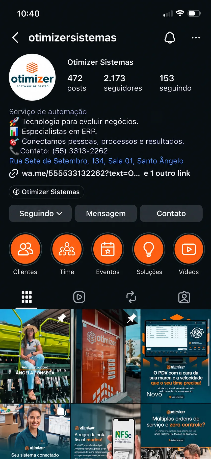 Perfil da Otimizer Sistemas no Instagram com a linha visual criada pela 3M Publicidade
