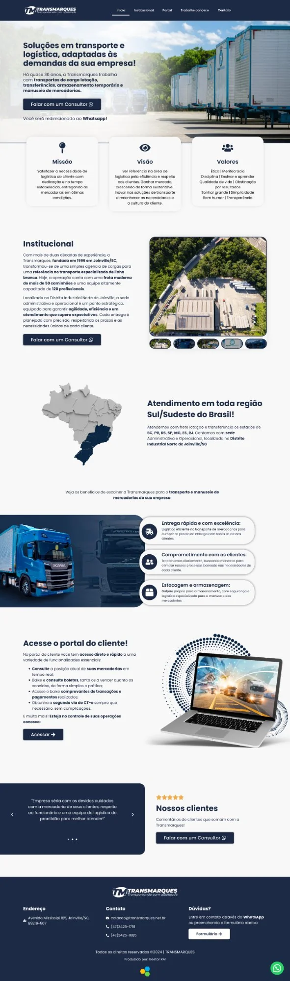 Site institucional da Transmarques, transportadora de Joinville, desenvolvido pela 3M Publicidade