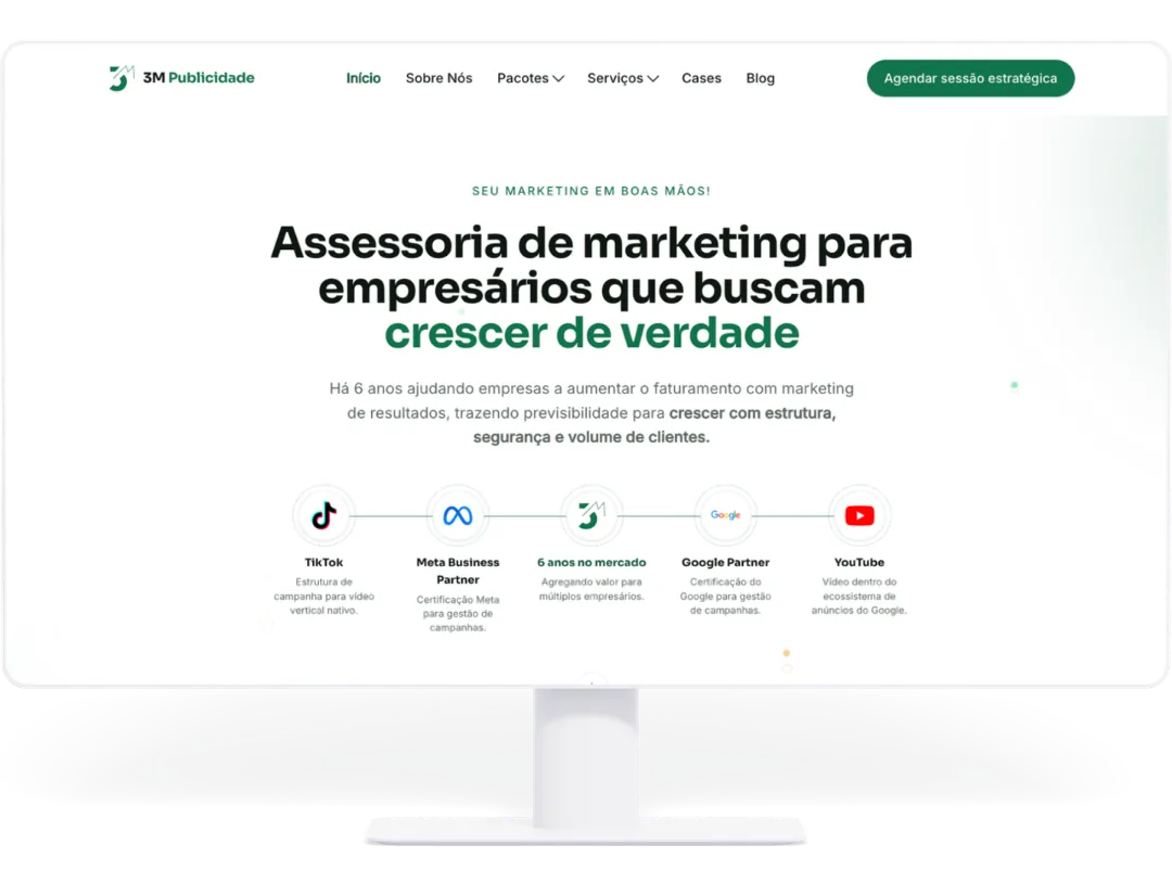 Exemplo de site institucional desenvolvido pela 3M Publicidade, visualizado em uma tela de computador