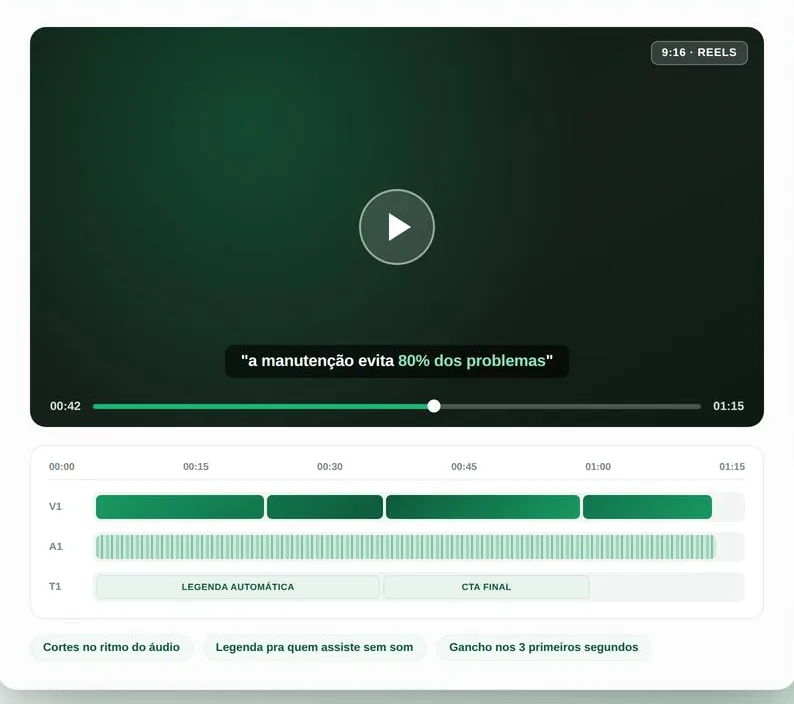Exemplo de edição de vídeo vertical para Reels, com legenda automática, timeline e chamada final
